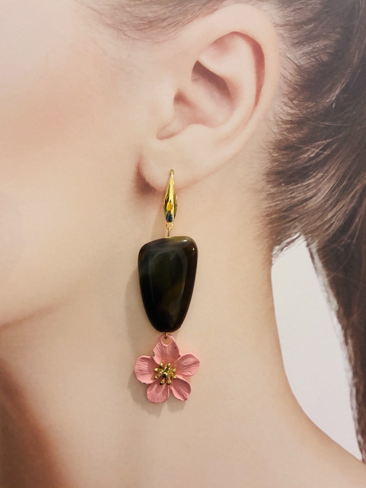 Marble Pink Flower Mid-Century, Modern Earrings, High Quality,