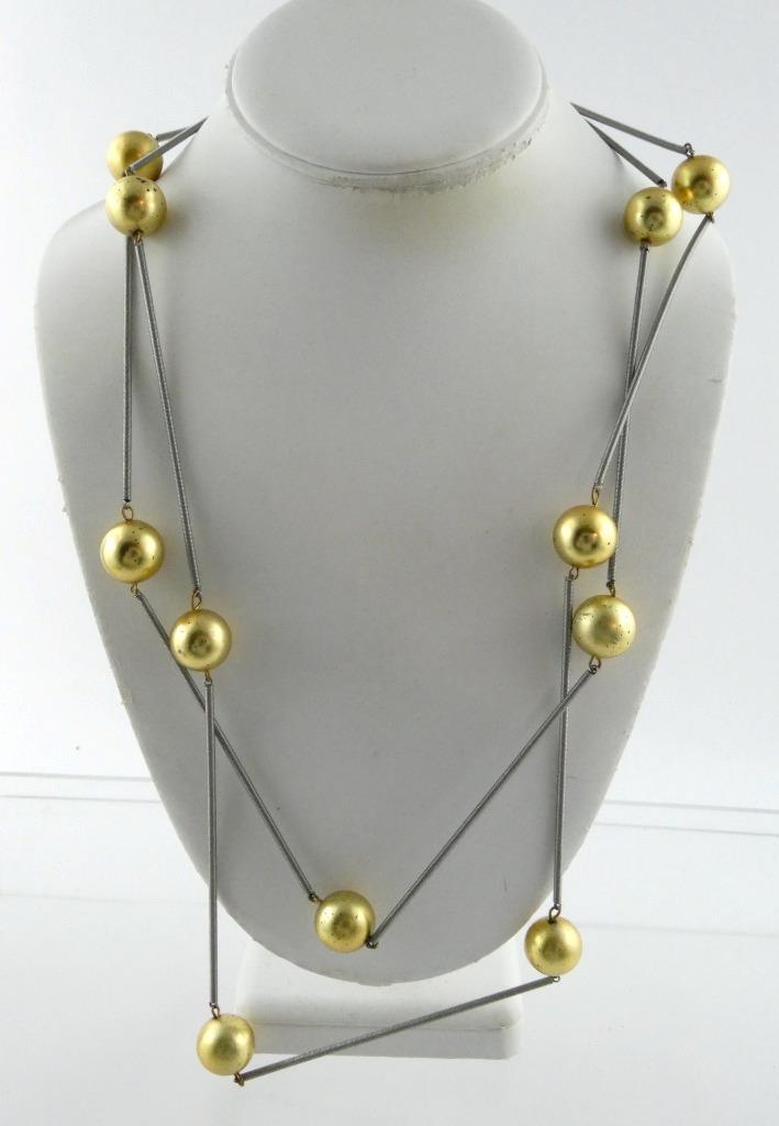 Sterling Silver Clasp Mixed Metals Spring and Golden Ball Atomic Necklace Signed