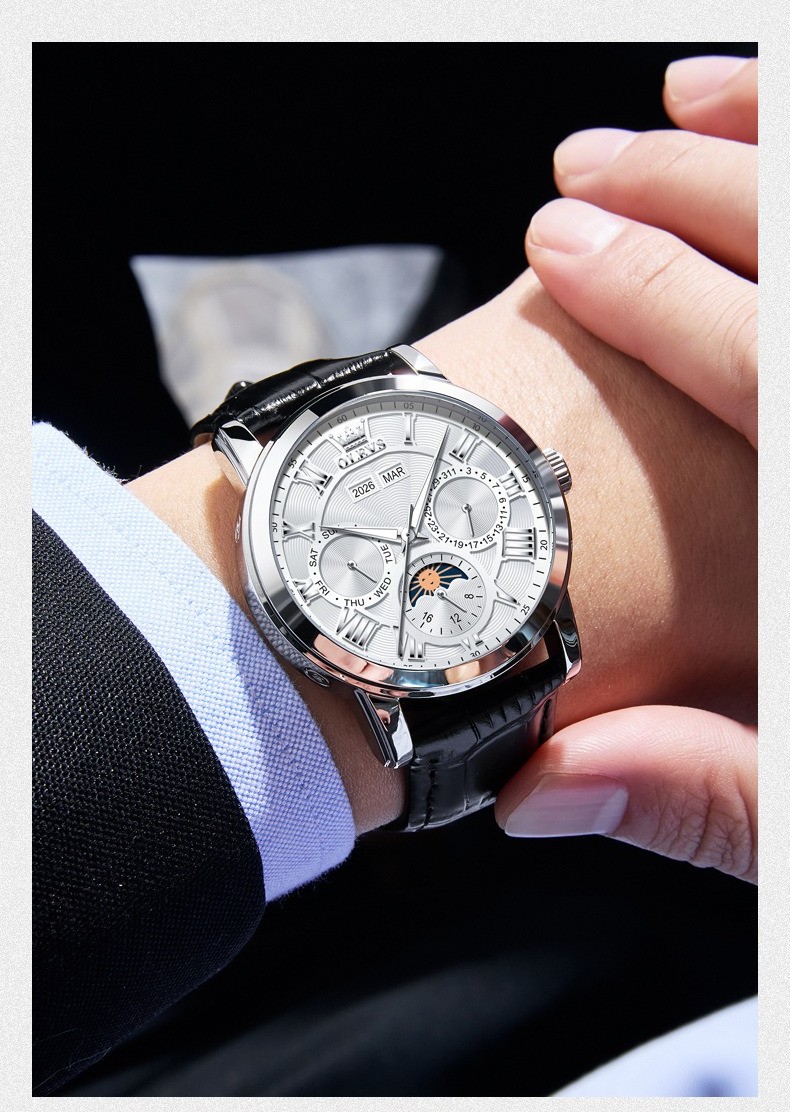 OLEVS Moon Phase Automatic Mechanical Men Watch Self-wind Skeleton Leather Band
