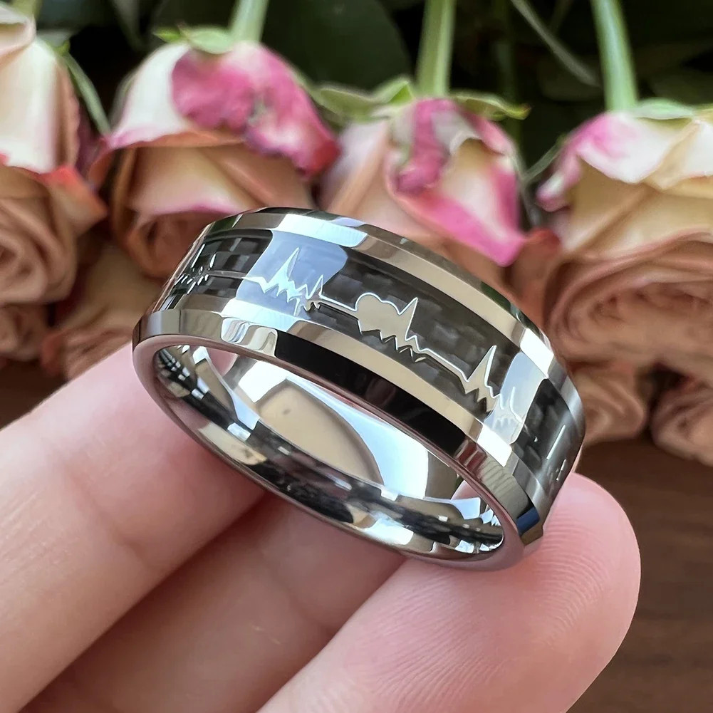 8mm Carbon Fiber Heart Inlay Tungsten Carbide Wedding Band Ring Men Jewelry
