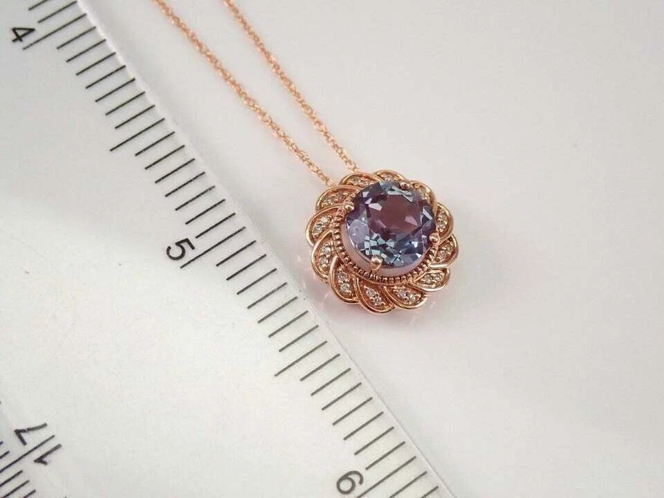 2Ct Round Cut Alexandrite Diamond Halo Pendant 14K Rose Gold Over “18 Free Chain