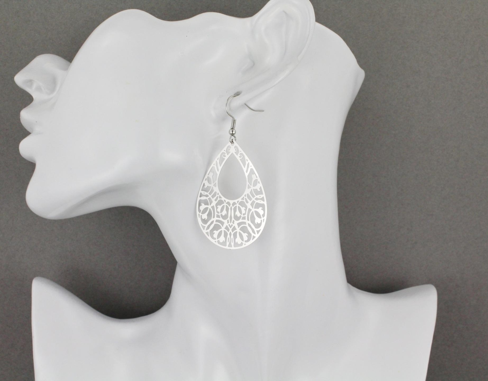 Silver teardrop filigree dangle earrings shiny 2 7/16″ long lightweight scroll