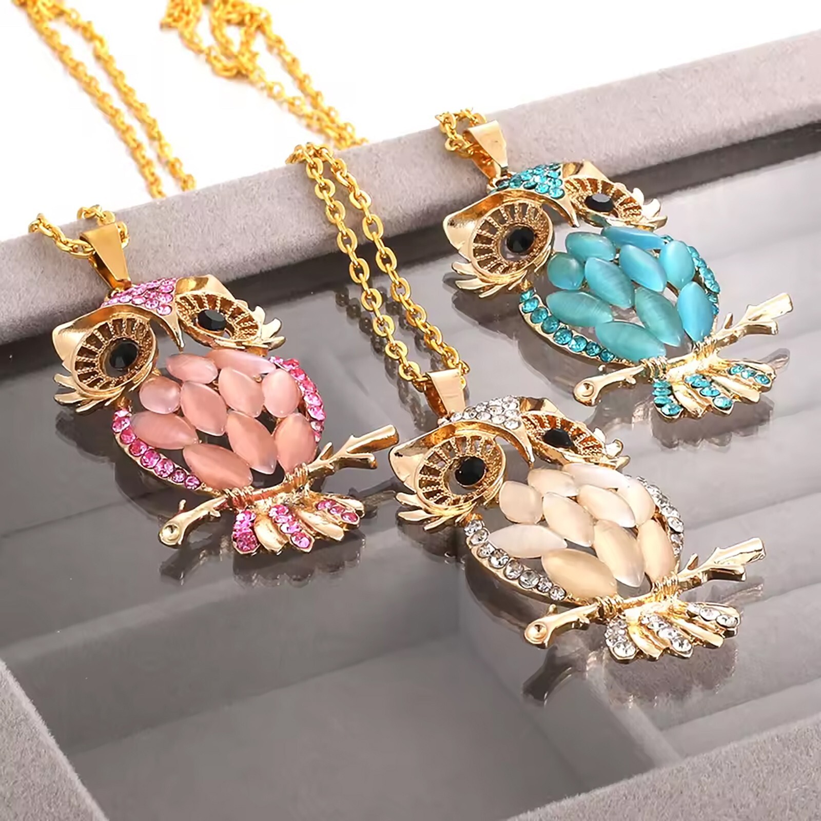 Owl Pendant w/Necklace Opal Lab Created/Plated Fashion Jewelry 28″ SELECT COLOR