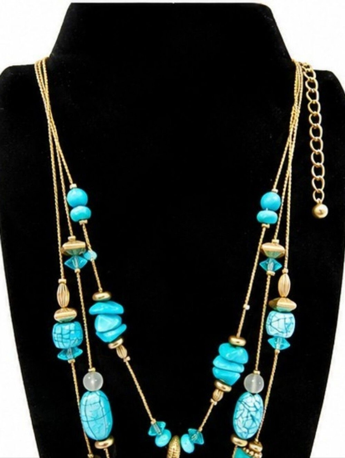 Chico’s Turquoise Layered Statement Necklace Boho Southwestern Gold Tone