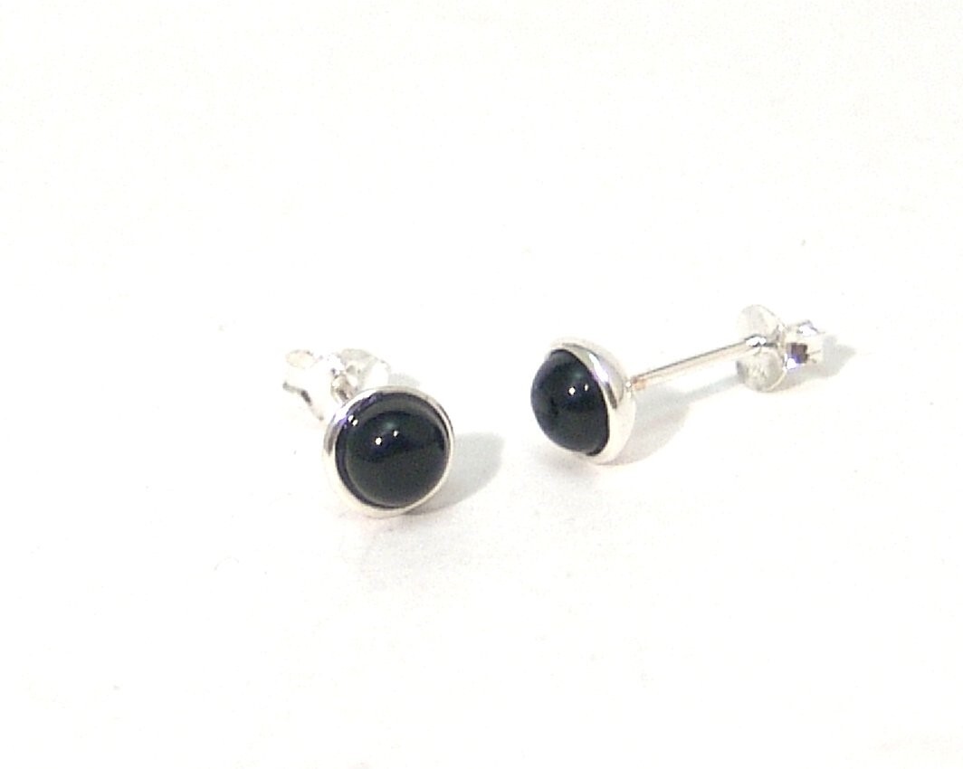 Sterling Silver Black Onyx Stud Earrings Hand Polished Bezel Set 5mm SMALL SMALL