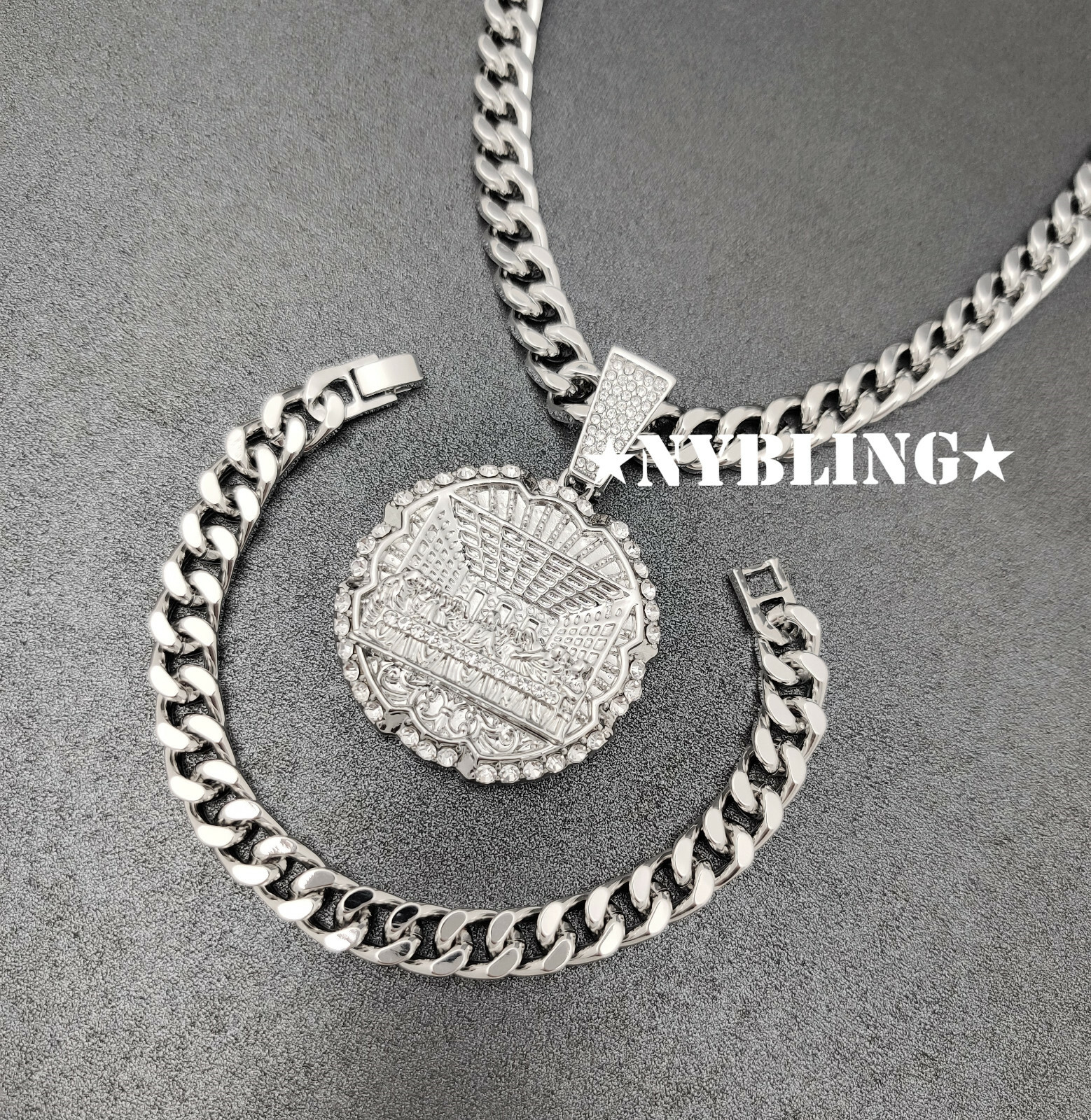 🔥3pc 🔥 XL Last Supper Pendant, Miami Cuban CZ Necklace & Bracelet SET Plated