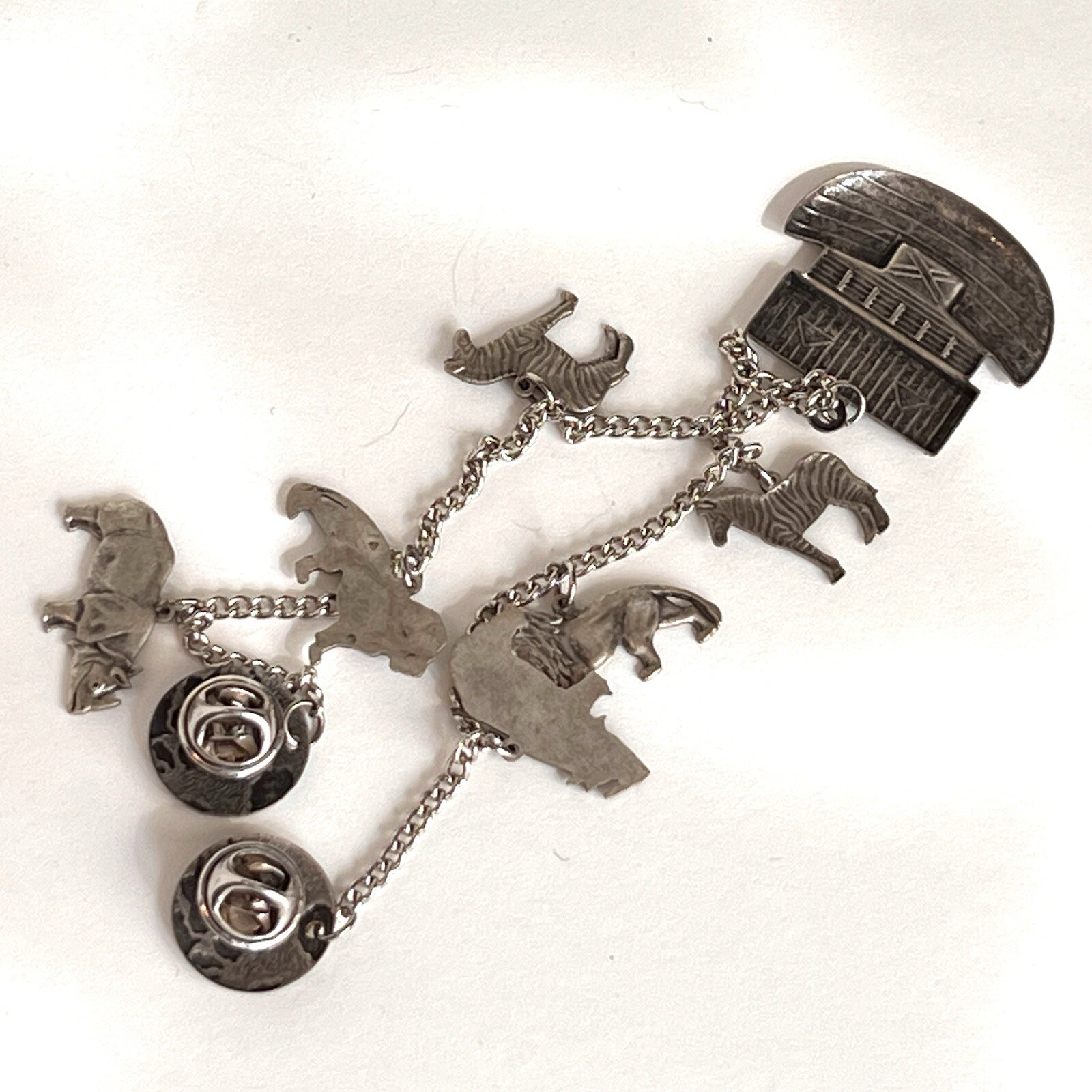 Noahs Ark Charm Brooch Silver Tone Vintage Chain With Animals And Globes On End