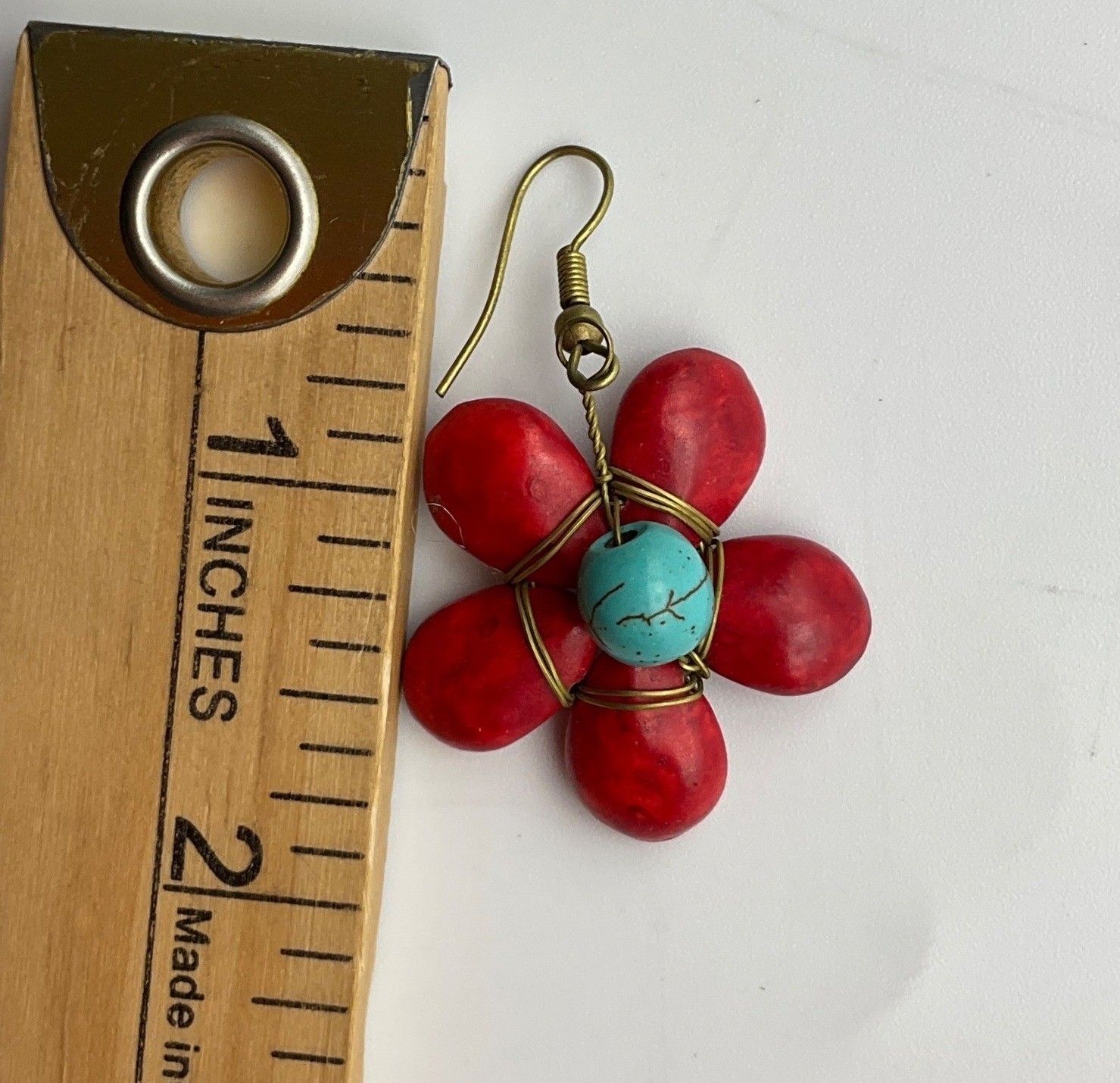 Artisan Handmade Ceramic Beads Red Turquoise Flower Earrings Wired Boho