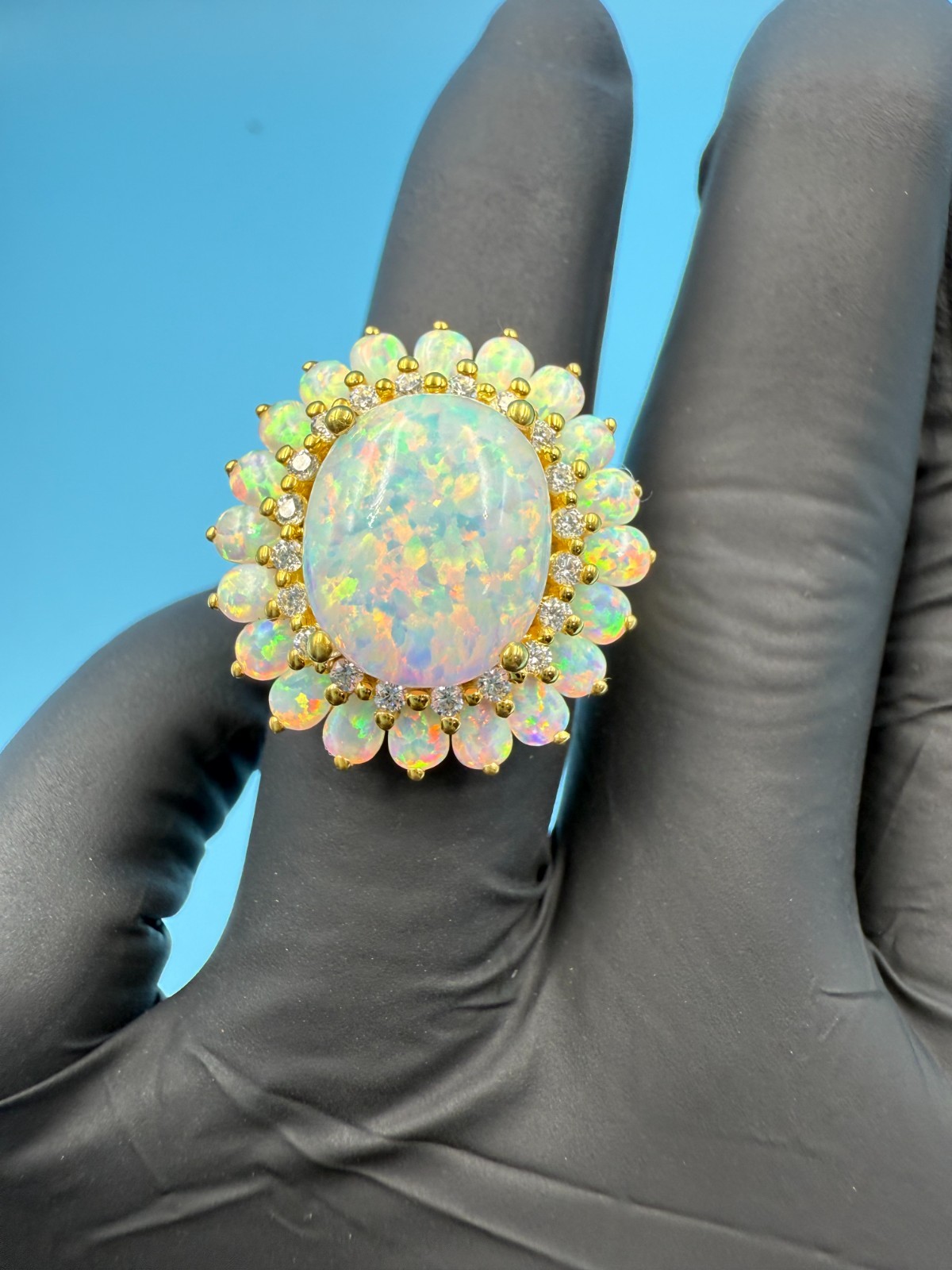 3.20Ct Oval Cut Genuine Fire Opal Cluster Engagement Ring 14K Yellow Gold Plated
