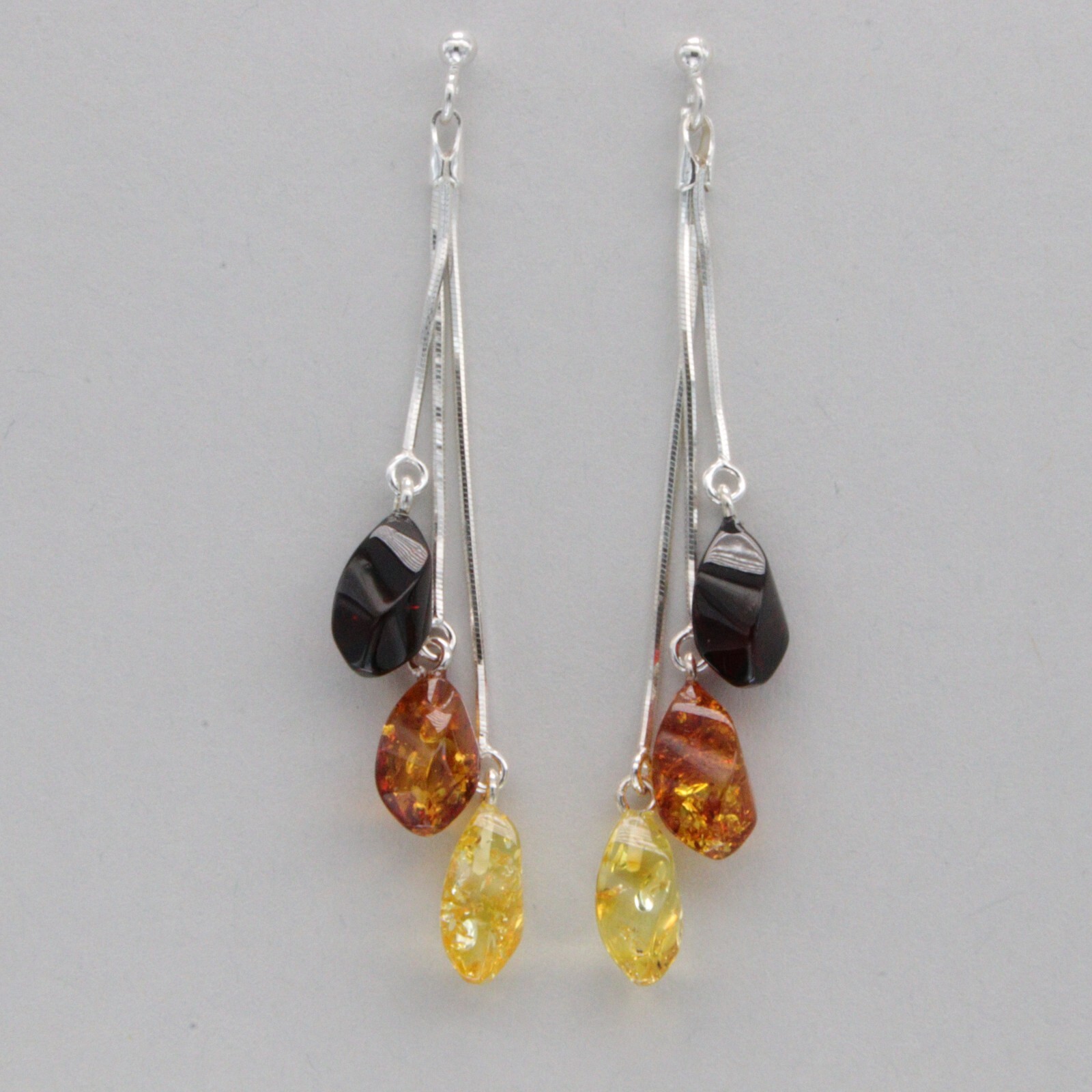 Multi-Color BALTIC AMBER Dangle Post Earrings 925 STERLING SILVER Poland #4809e