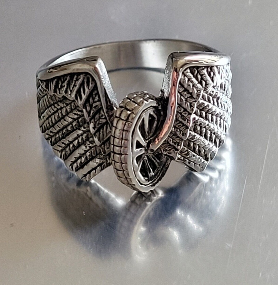 Stainless Steel Polished Winged Wheel Ring – Stainless Steel Biker Ring