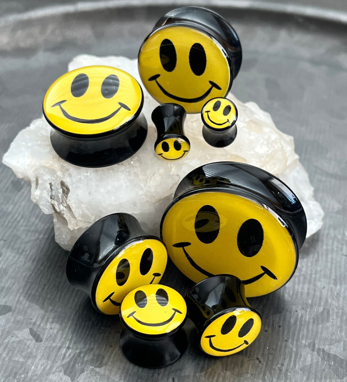PAIR Smiley Face Plugs Logo Double Flare Saddle Earlets Earrings Guages Gauges