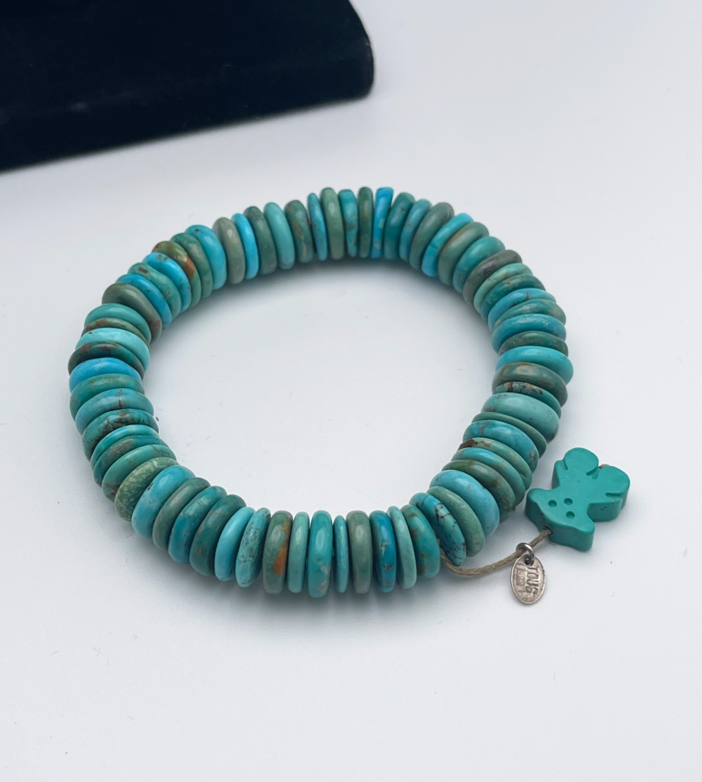 TOUS turquoise gemstone disk stretch bracelet with dangling turquoise charm bear