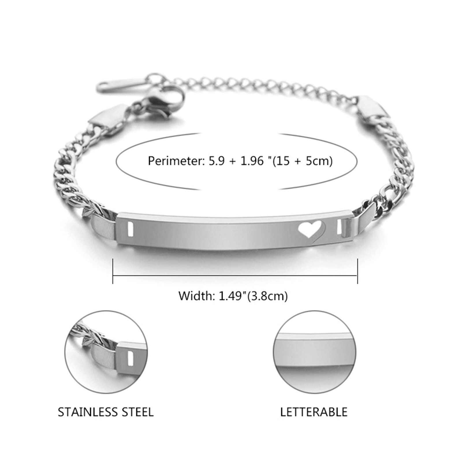 Personalized Love Heart Figaro Link Chain Bracelet Engraved Custom for Men Women