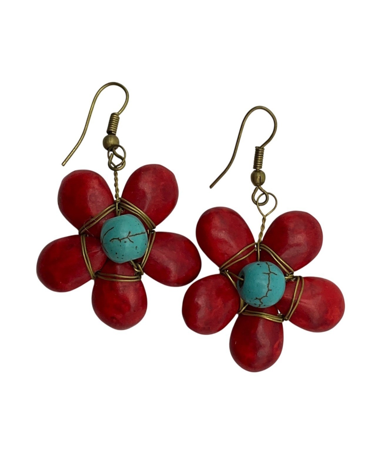 Artisan Handmade Ceramic Beads Red Turquoise Flower Earrings Wired Boho