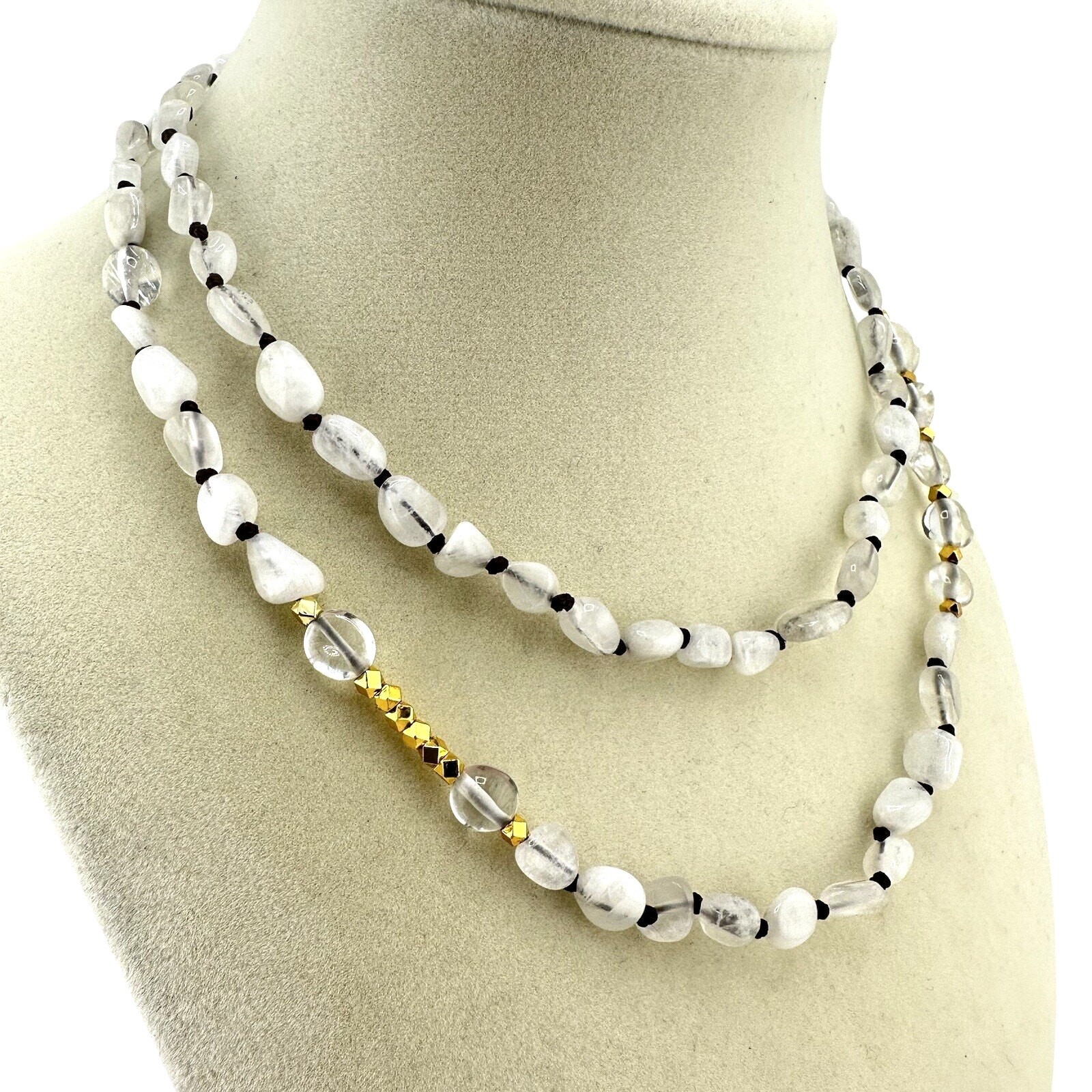 Moonstone Quartz Polished Bead Hand Knotted Gold Tone Endless 30” Necklace