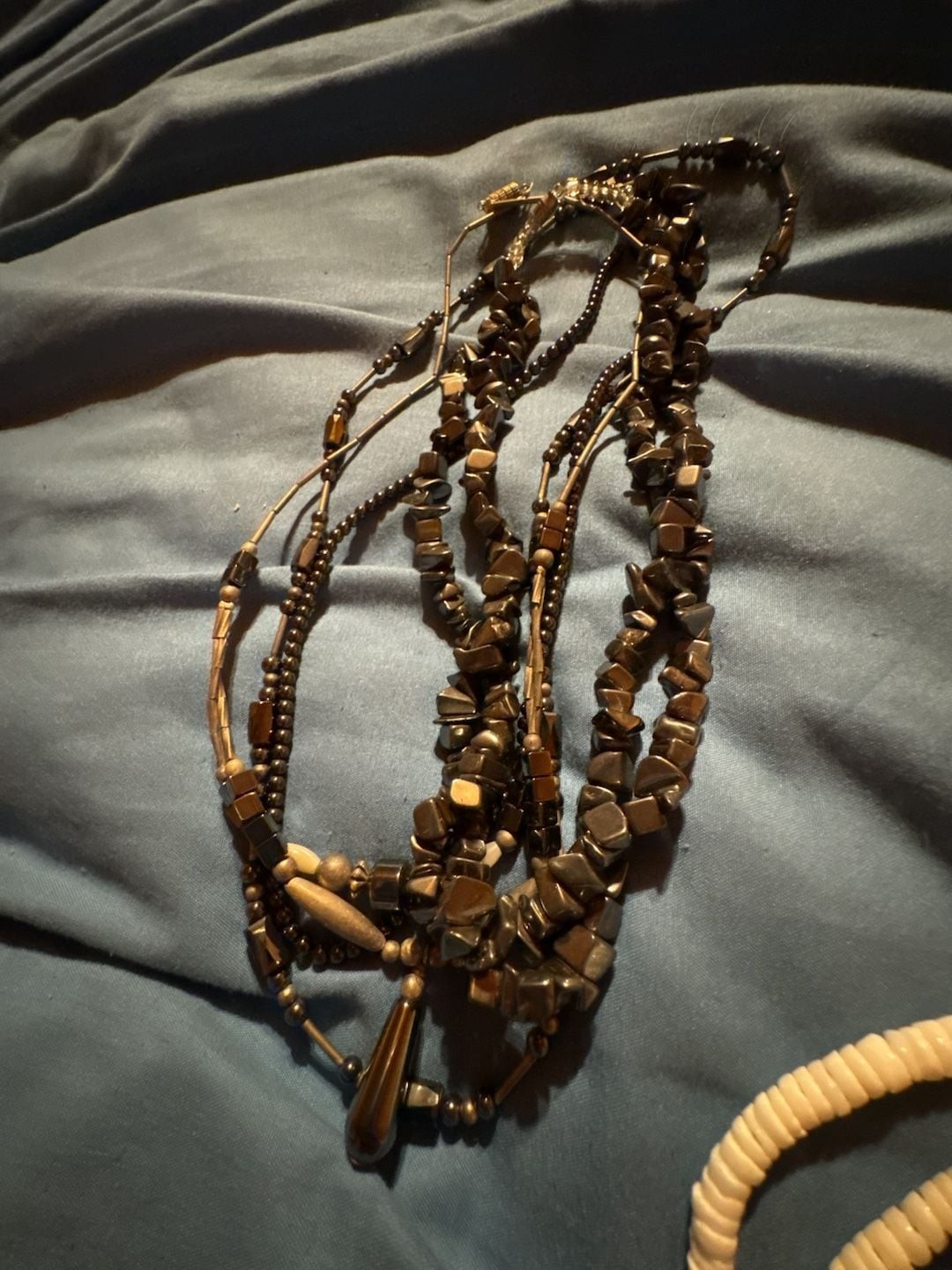 Multi-Strand Hematite Chip and Bead Necklace with Pendant