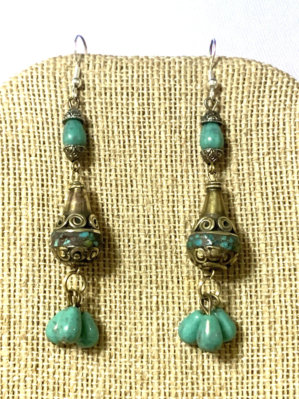 NEW ITEM* HANDCRAFTED NEPAL BEAD &TURQUOISE EARRINGS*-.925 STERLING EAR WIRE-NEW
