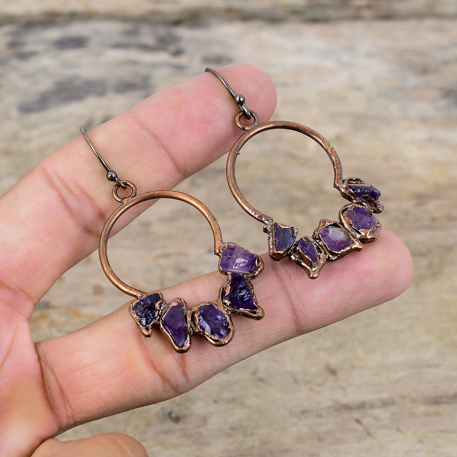 African Amethyst Rough Electroformed Earrings Handcrafted Copper Gift 2.36″