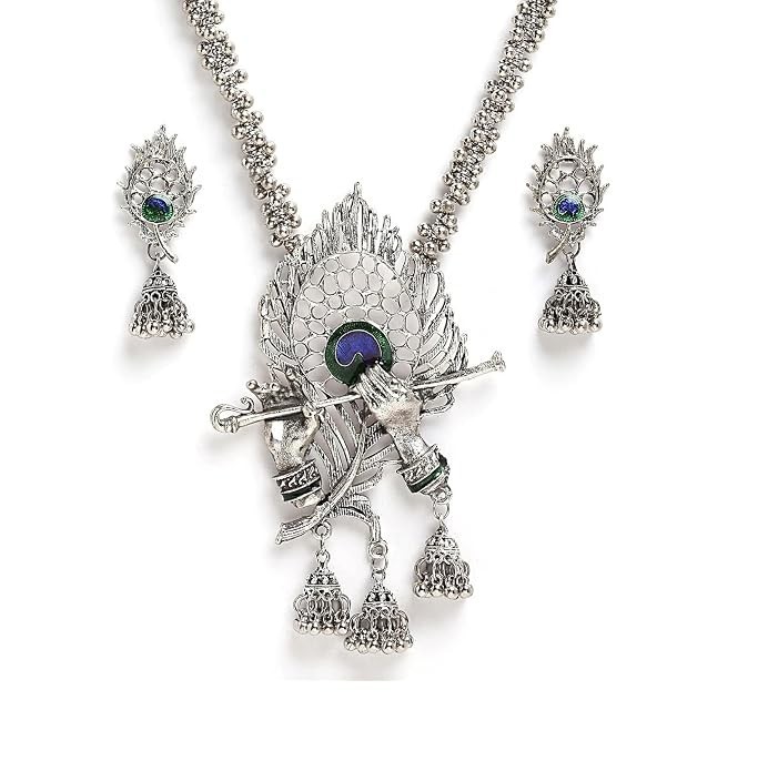 OXIDISED SILVER RADHA KRISHNA NECKLACE SET JHUMKI EARRINGS WOMEN GIRLS JEWELRY