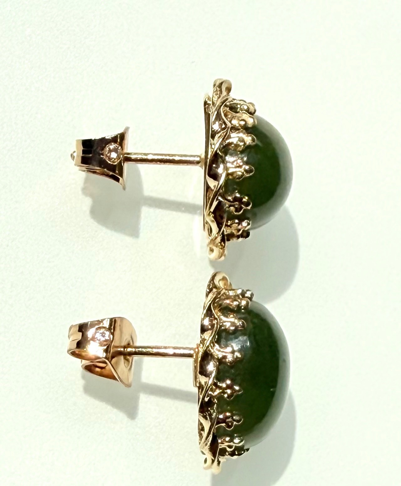 Vtg Stud Green Cabochons Earrings set in 14K Gold Intricate Twisted Prong Set…