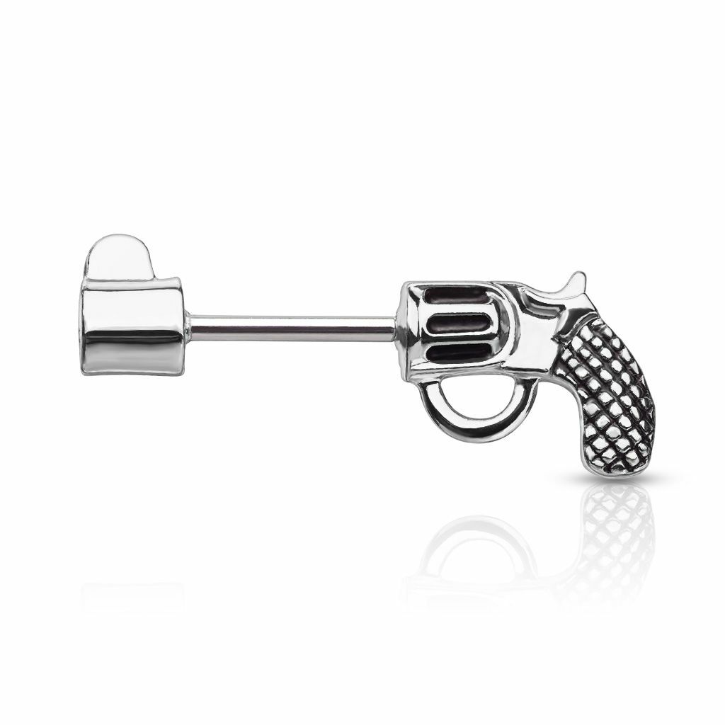 Nipple Barbells with a Pistol Design Surgical Steel 14 Gauge – Sold as a Pair
