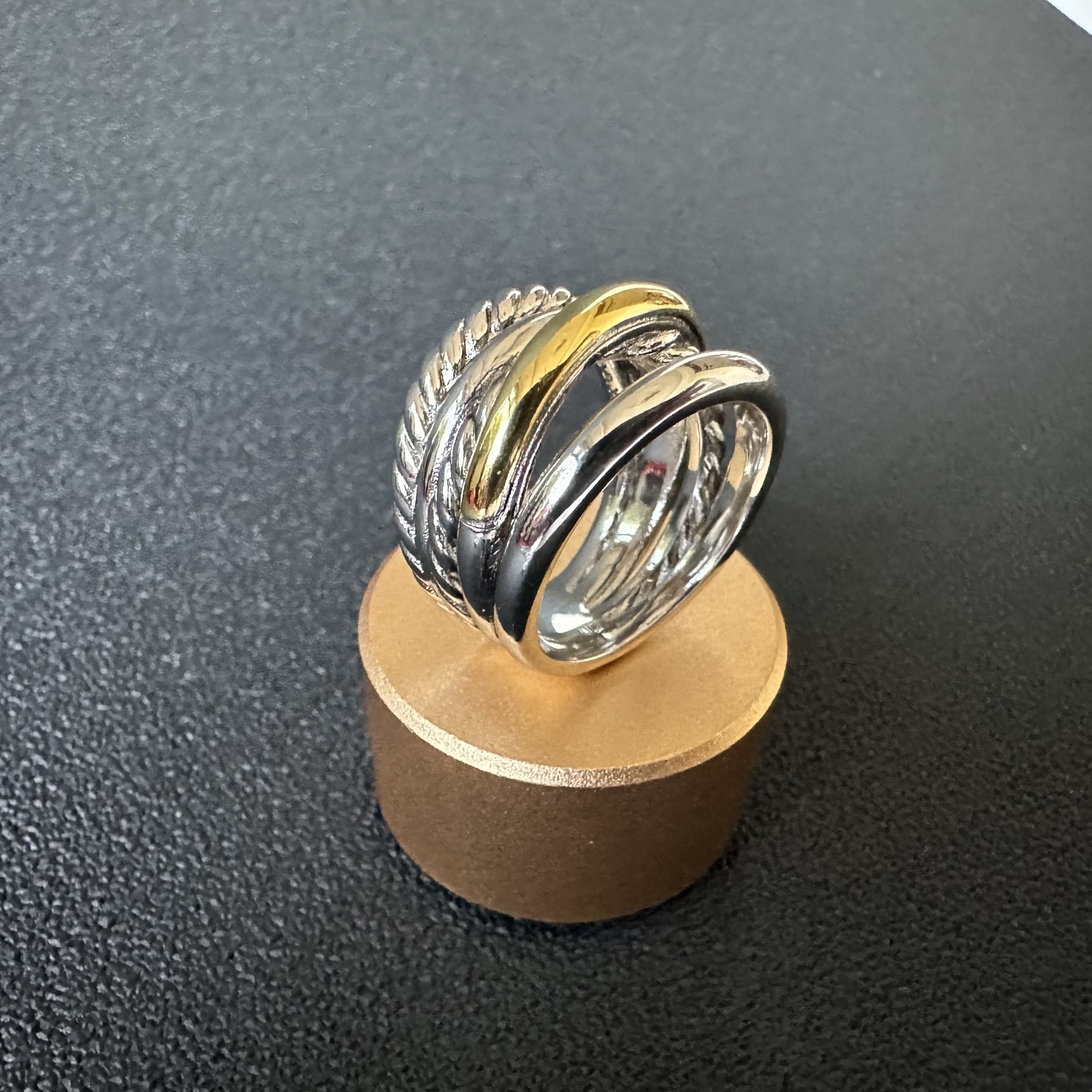 David Yurman Crossover Wide Band Ring Silver 18K Gold Two Tone Twisted Cable 8
