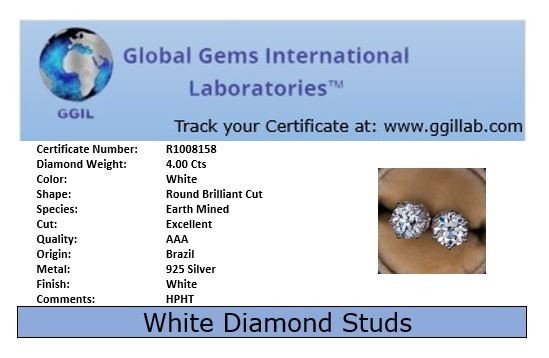 Certified 4Ct White Diamond Solitaire Studs-Wedding/Engagement Gift.No Tarrifs.