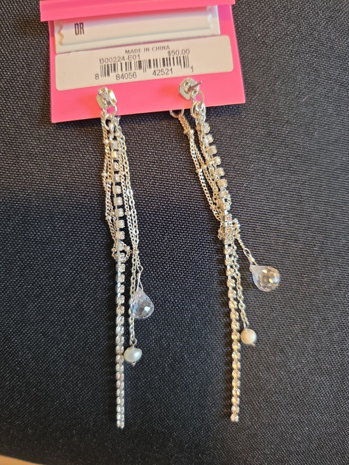 Betsy Johnson 4″ Long Earrings With Crystal And Pearl Vintage RARE NWT