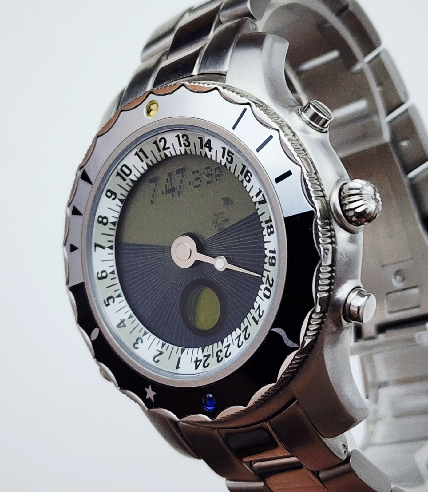 Men MOONPHASE ANALOG-DIGITAL Watch YES “Solstice”. Sunset/Sunrise. Alarm. In BOX