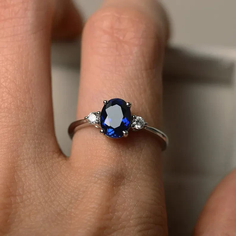 Sapphire engagement sterling silver ring lab created oval cut blue gemstone ring