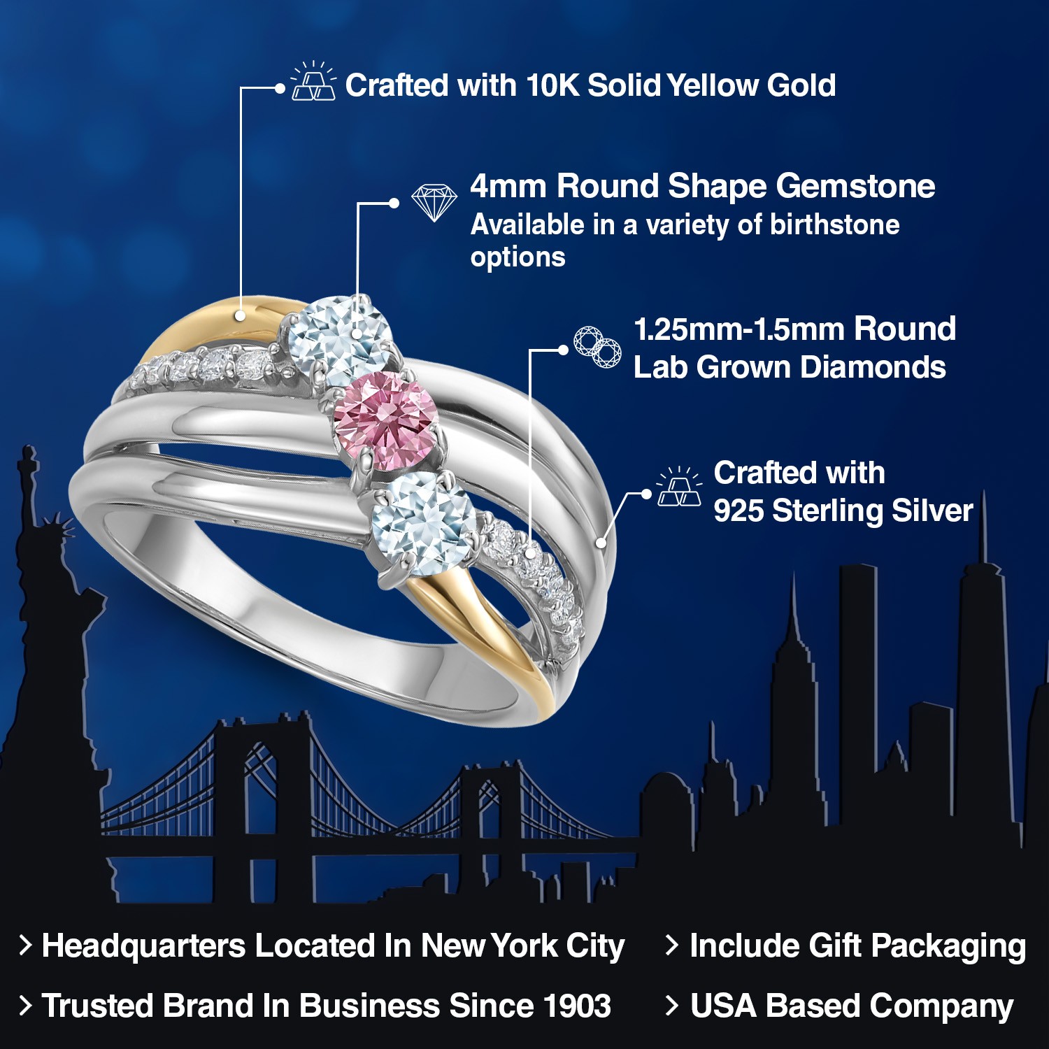 925 Silver and 10K Yellow Gold Aquamarine and Pink Lab Grown Diamond Engagement