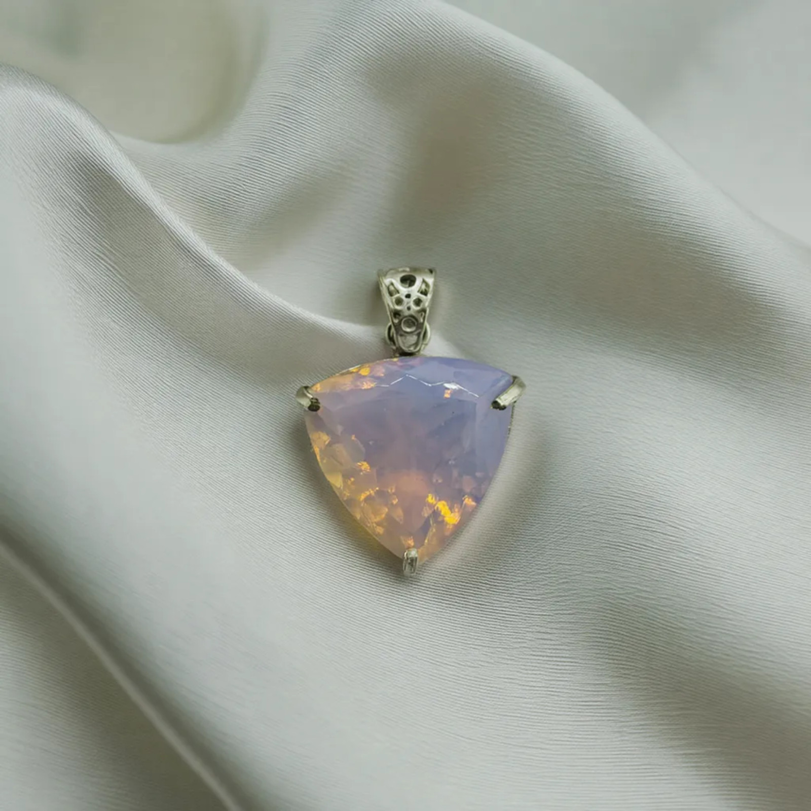 Handmade Pink Opal Trillion Cut Gemstone Pendant Natural Jewelry with Free Chain