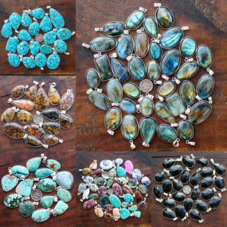 Moonstone & Mix Gemstone 925 Sterling Silver Plated Wholesale Bezel Pendant Lot