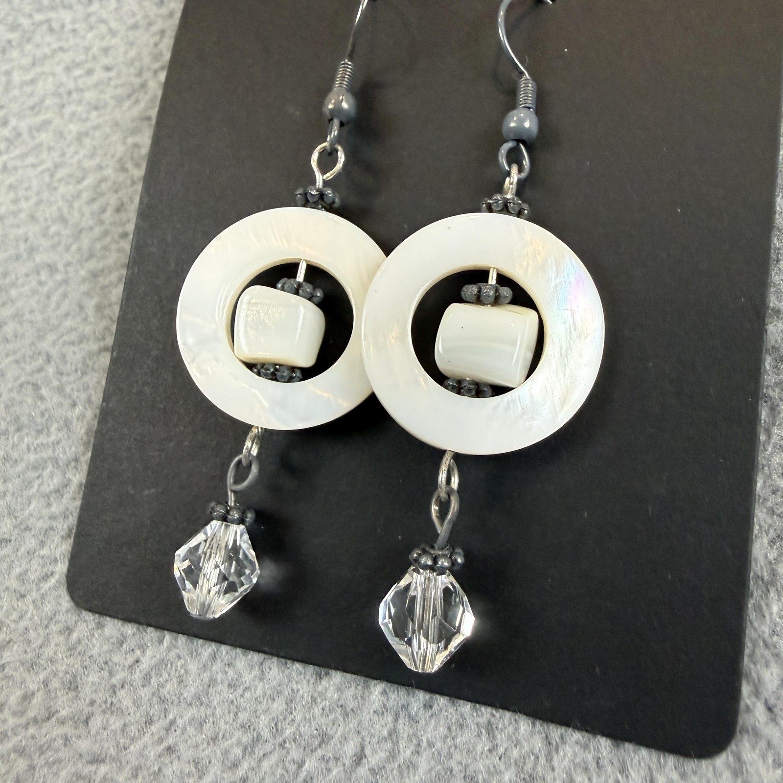 White Beaded Dangle Drop Earrings Round Hoop Clear Bead Gunmetal Tone Jewelry