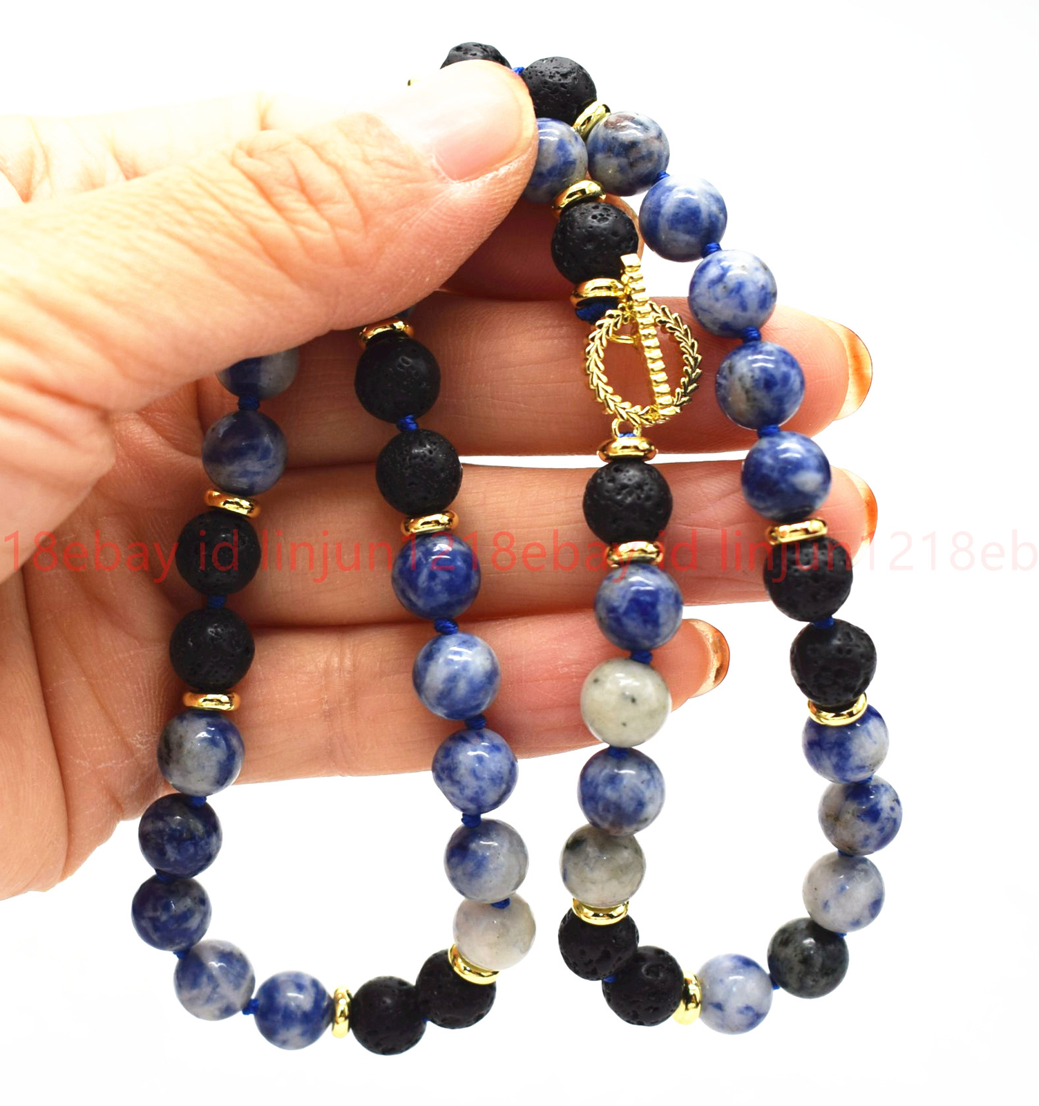 Natural 8mm Blue White Spot Jade Black Lava Gemstone Round Bead Necklace 16-28in