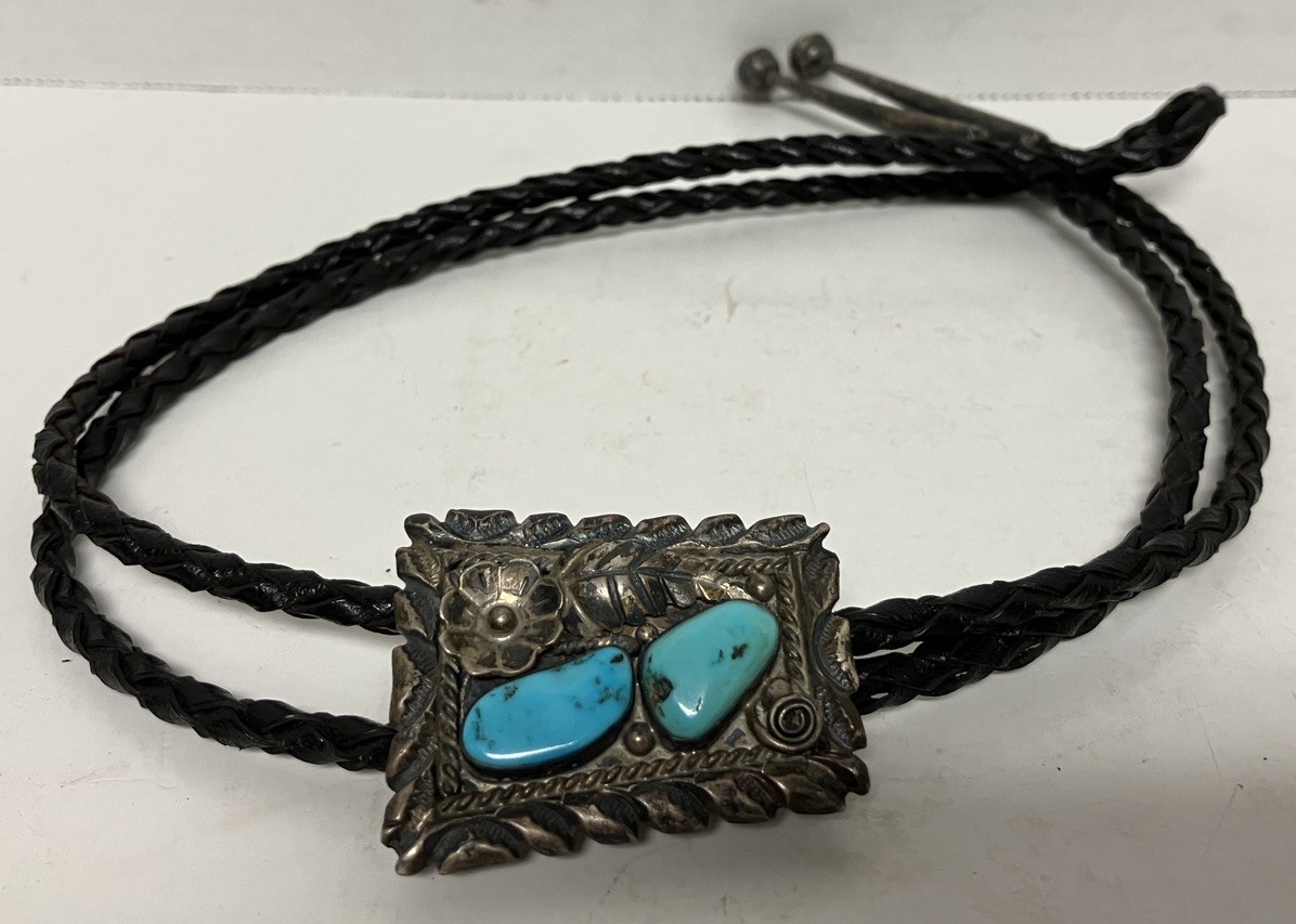 Vintage Native American Sterling Silver Turquoise Bolo Tie Signed