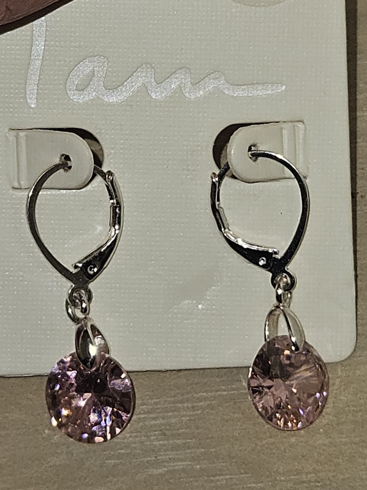 I AM PINK CUBIC ZIRCONIA SILVER TONE CRYSTAL DANGLE EARRINGS LEVERBACK