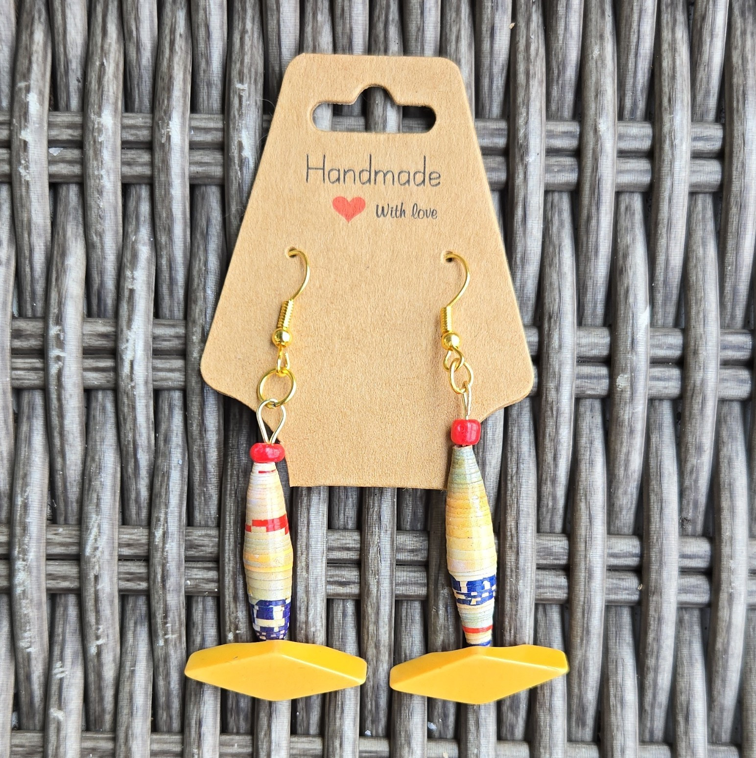 Handcrafted Bohemian Asymmetrical Paper & Plastic Beaded Dangle Earrings 3 in