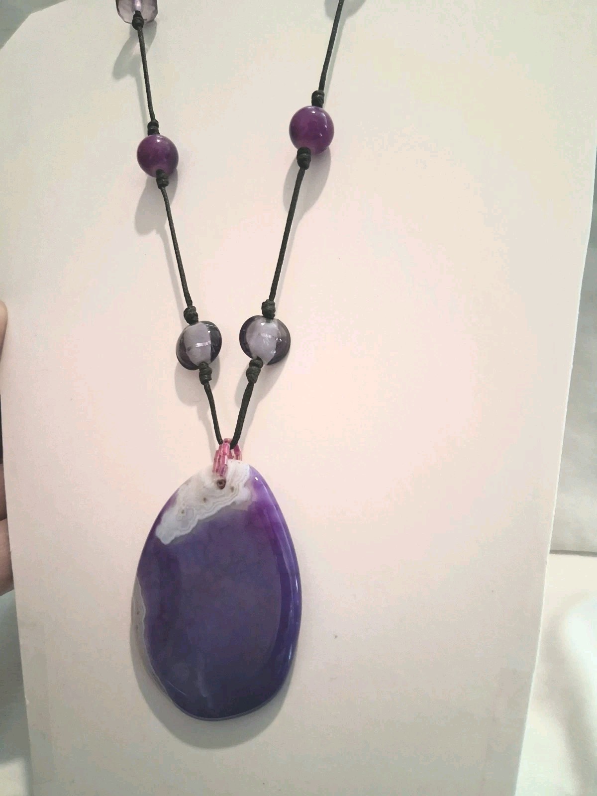 Purple Agate Oval Charm Pendant Beaded Cord Necklace, Purple/White Stone