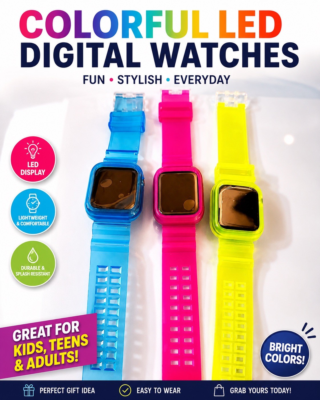 3 pieces Kids Sports Waterproof Digital Watch LED Display Boys Girls .