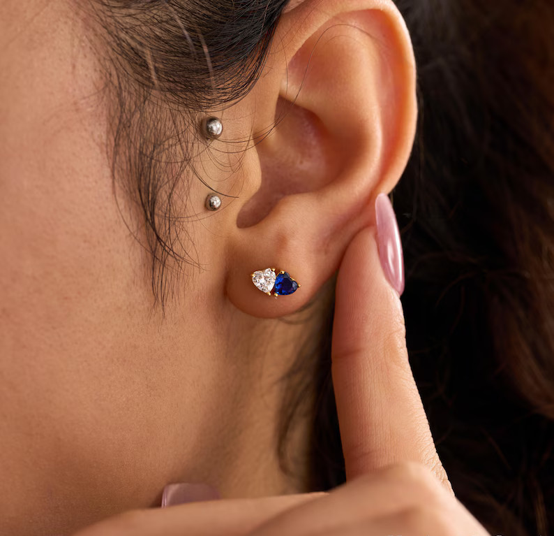 1TCW Pear Cut Lab Created Sapphire & Diamond Stud Earring 14k Yellow Gold Plated