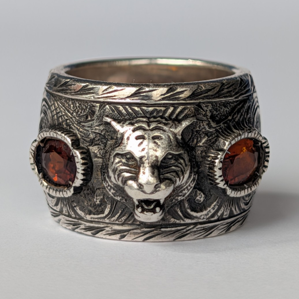 Gucci Tiger Head Feline Ring Orange Stone Sterling Silver 925 Size L/K Rare