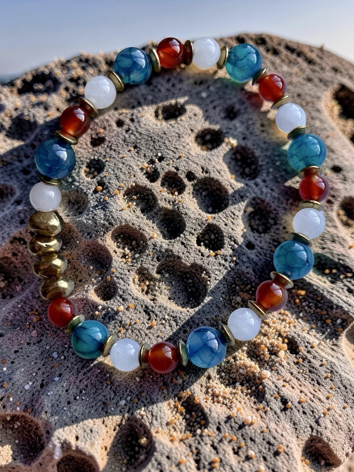 Independence Day Patriotic Stretch Gemstone Bracelet, With Solid Brass Nuggets