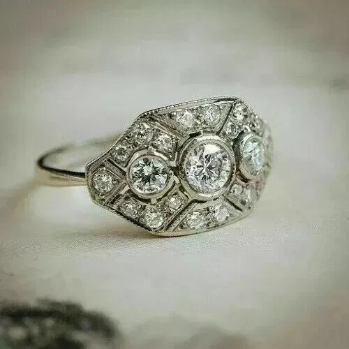 Art Deco Style Lab Created Diamond Three-Stone 14K White Gold FN Engagement Ring