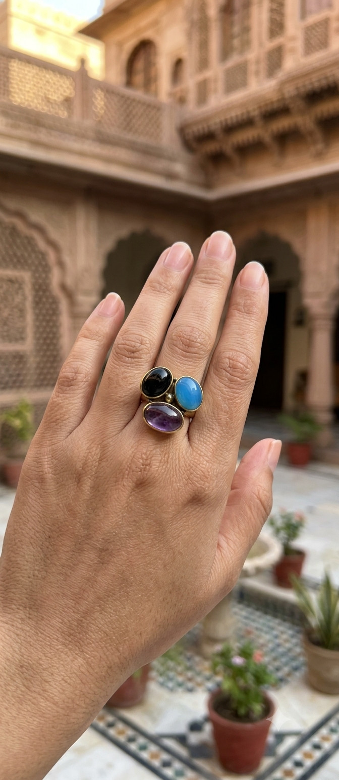 925 Sterling Silver Black Onyx ,Amethyst Saga .Blue Opal Gemstone Ring Size 6″