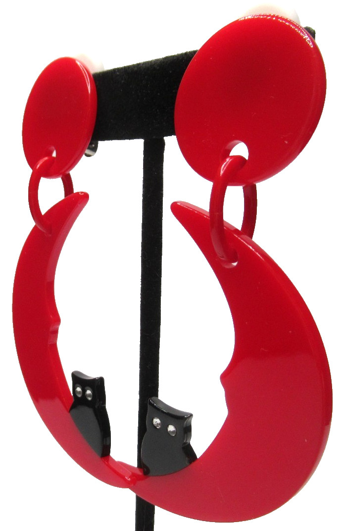 FRENCH Red & Black Lucite Kitty Cat in The Moon Clip Earrings