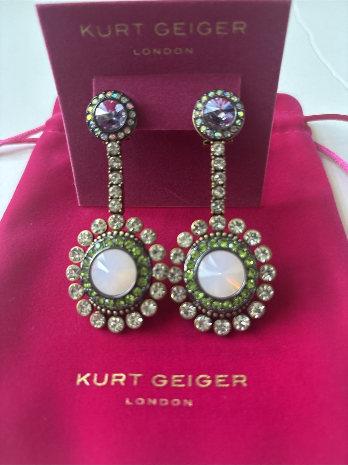 Kurt Geiger London Crystal Drop Earrings Gold Tone/Multi Color Brand New