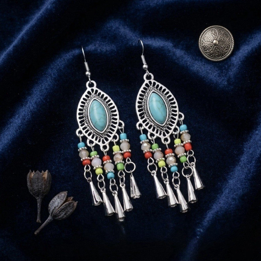 Silver Tone Oval Chandelier Dangle Drop Earrings Multicolor Bead Fringe Hook