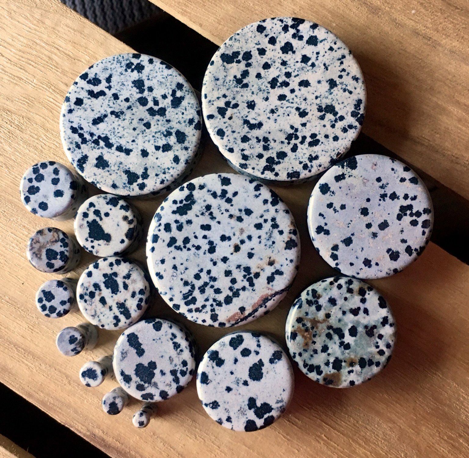 PAIR Dalmatian Jasper Organic Stone Plugs Gauges – 3mm (8g) to 38mm (1.5″) avbl!